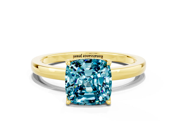 Yellow gold Cushion Cut Solitaire Diamond Ring with Thin Band and Four-Prong Setting