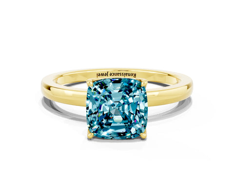 Yellow gold Cushion Cut Solitaire Diamond Ring with Thin Band and Four-Prong Setting