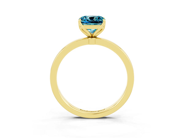 Yellow gold Cushion Cut Solitaire Diamond Ring with Thin Band and Four-Prong Setting