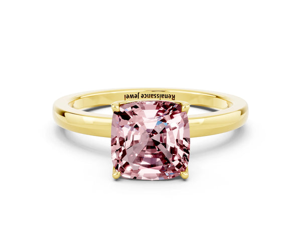 Yellow gold Cushion Cut Solitaire Diamond Ring with Thin Band and Four-Prong Setting