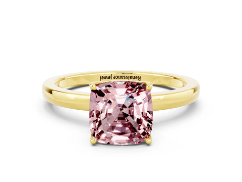 Yellow gold Cushion Cut Solitaire Diamond Ring with Thin Band and Four-Prong Setting