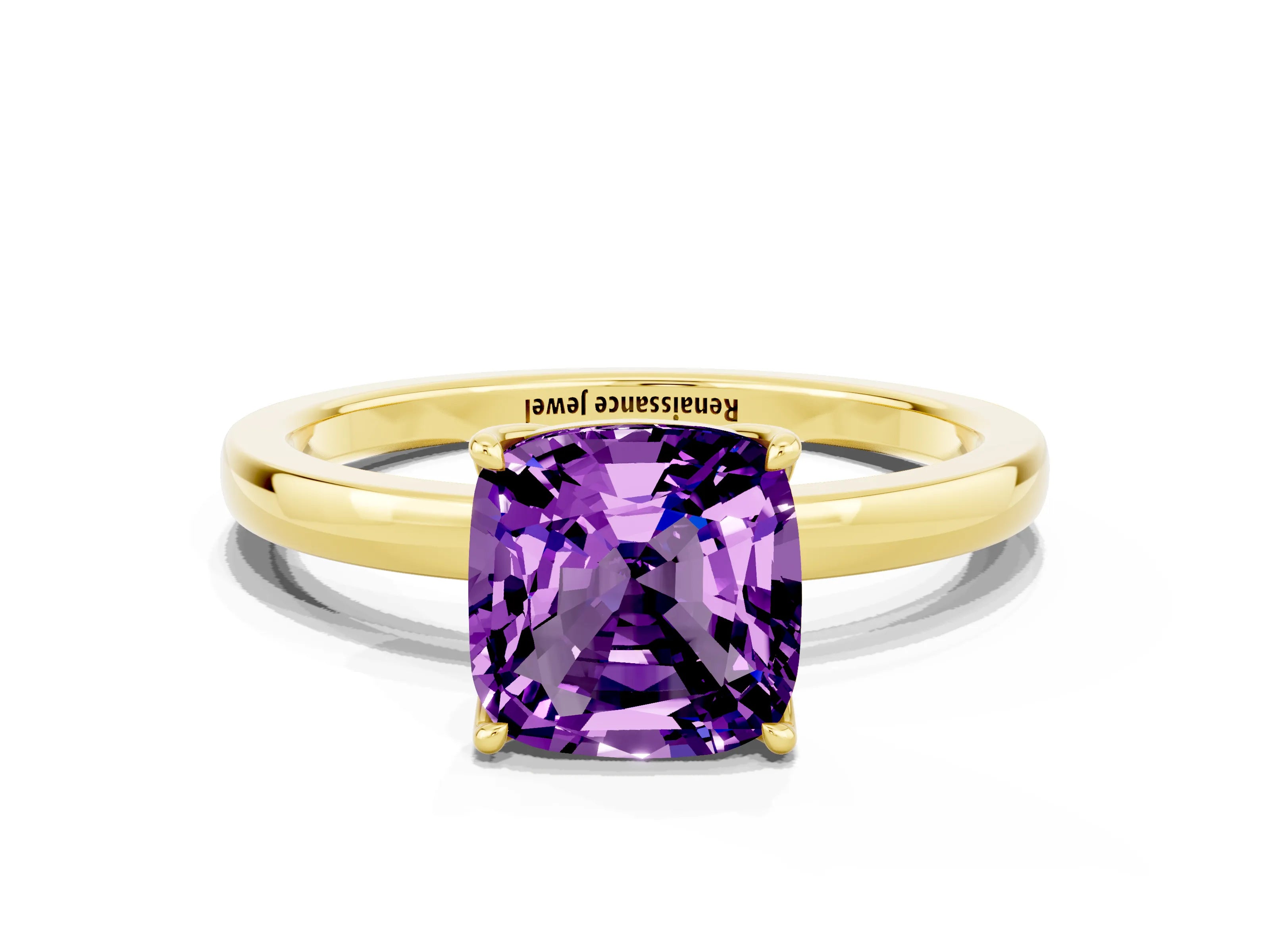 Yellow gold Cushion Cut Solitaire Diamond Ring with Thin Band and Four-Prong Setting