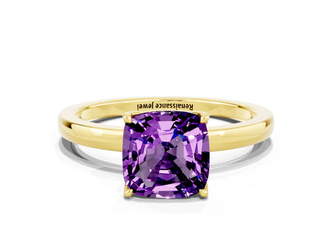 Yellow gold Cushion Cut Solitaire Diamond Ring with Thin Band and Four-Prong Setting