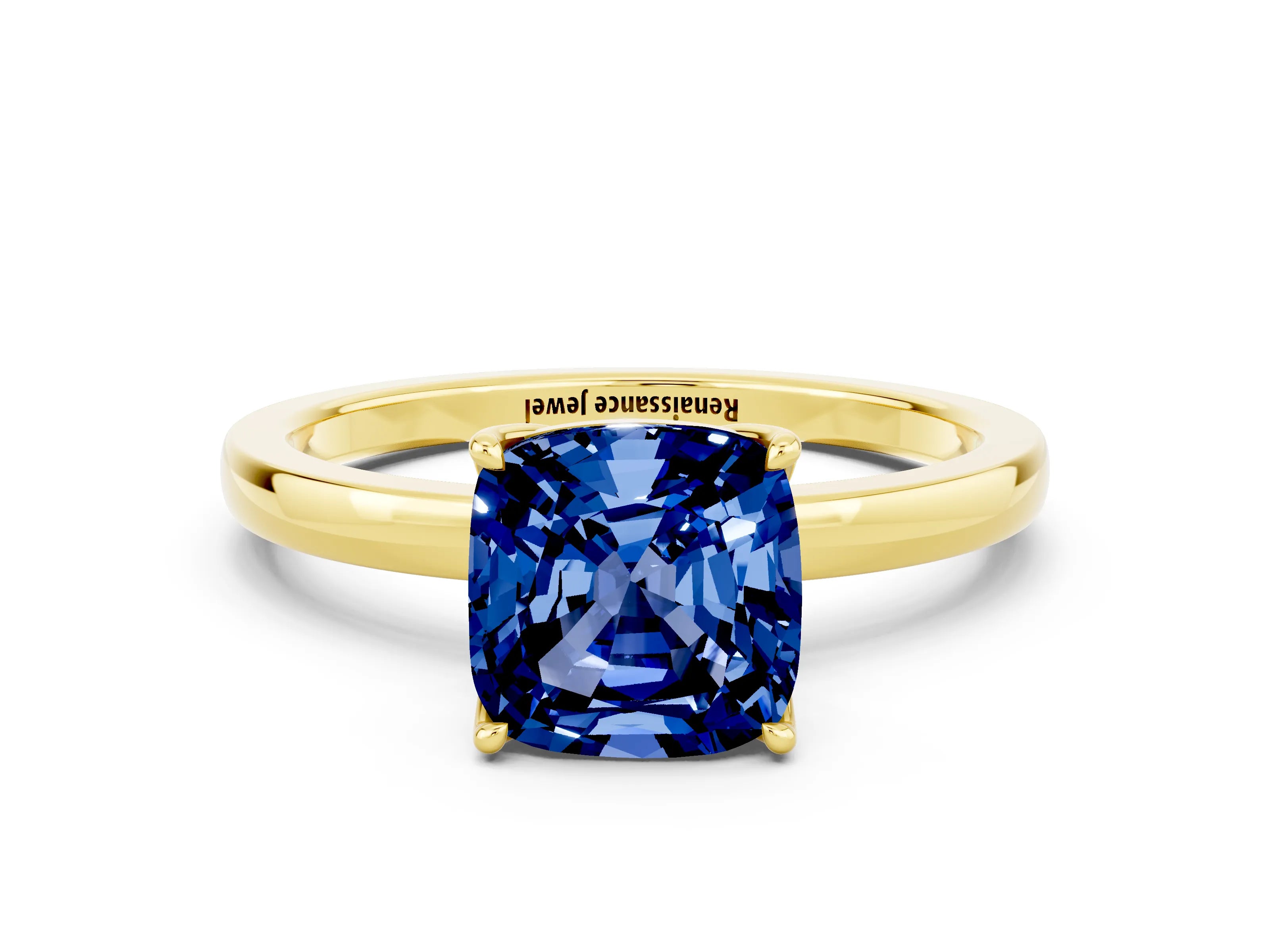 Yellow gold Cushion Cut Solitaire Diamond Ring with Thin Band and Four-Prong Setting