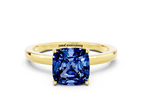 Yellow gold Cushion Cut Solitaire Diamond Ring with Thin Band and Four-Prong Setting