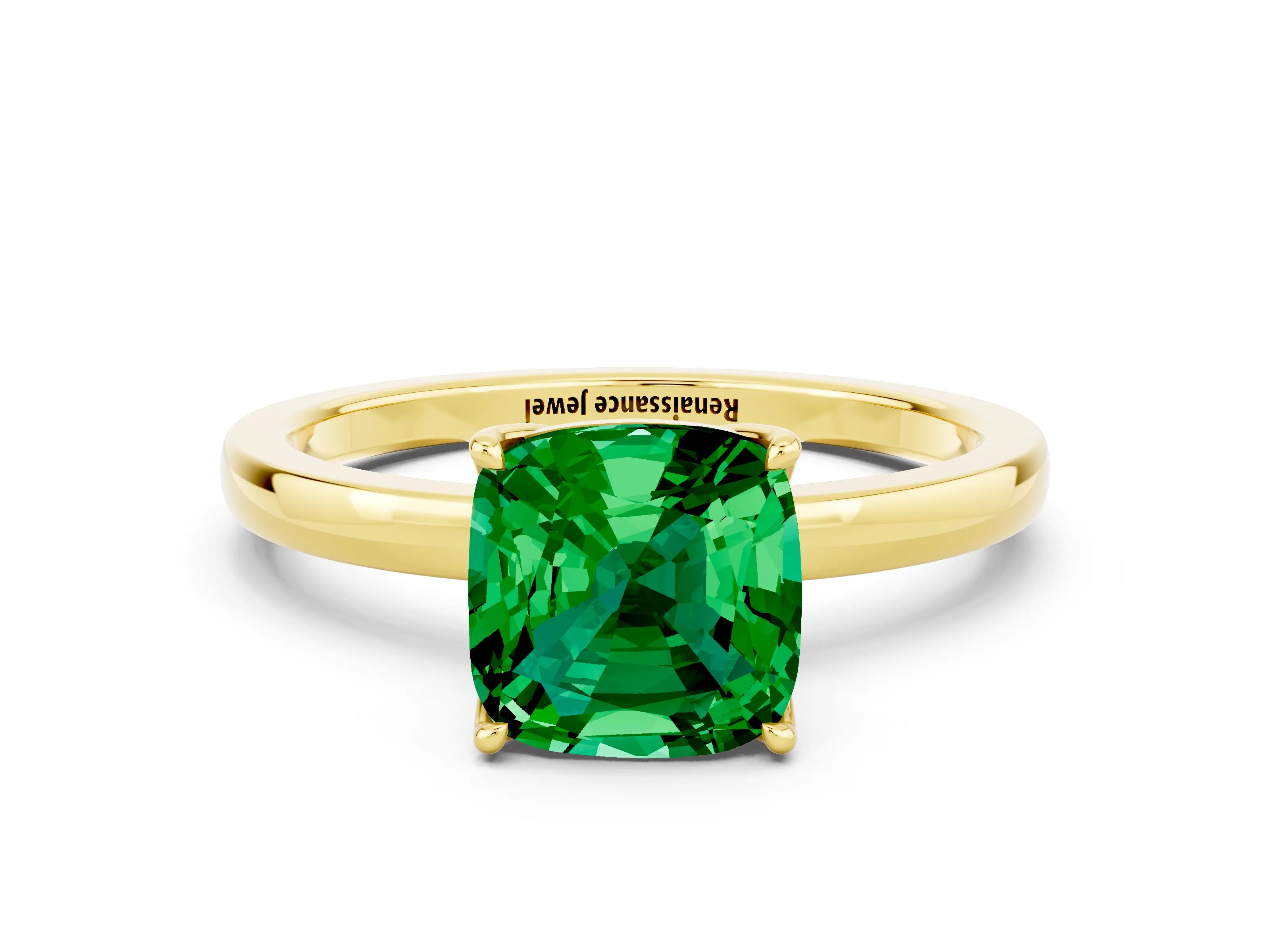 Yellow gold Cushion Cut Solitaire Diamond Ring with Thin Band and Four-Prong Setting