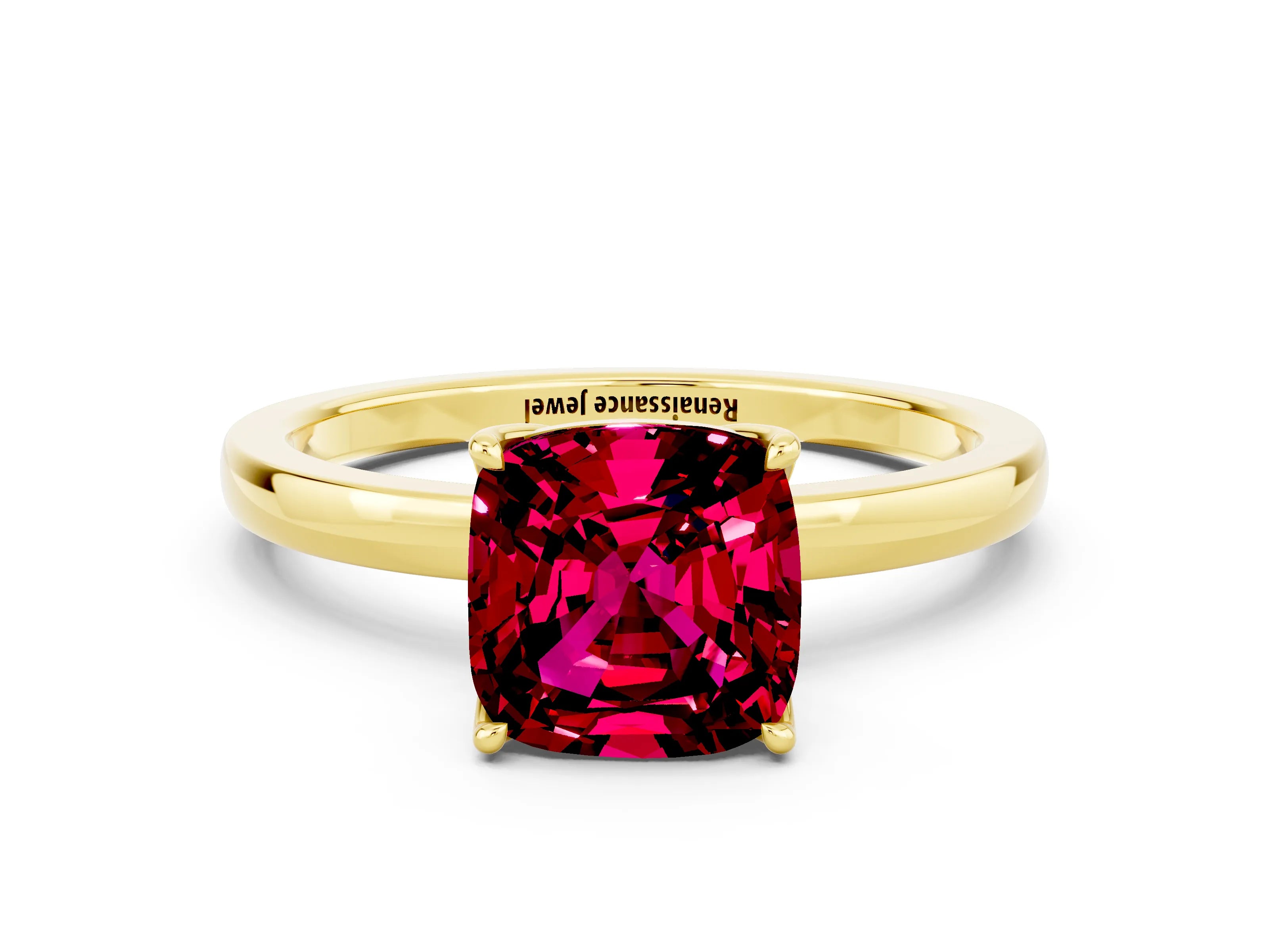 Yellow gold Cushion Cut Solitaire Diamond Ring with Thin Band and Four-Prong Setting