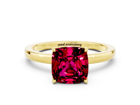 Yellow gold Cushion Cut Solitaire Diamond Ring with Thin Band and Four-Prong Setting