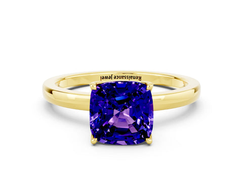 Yellow gold Cushion Cut Solitaire Diamond Ring with Thin Band and Four-Prong Setting