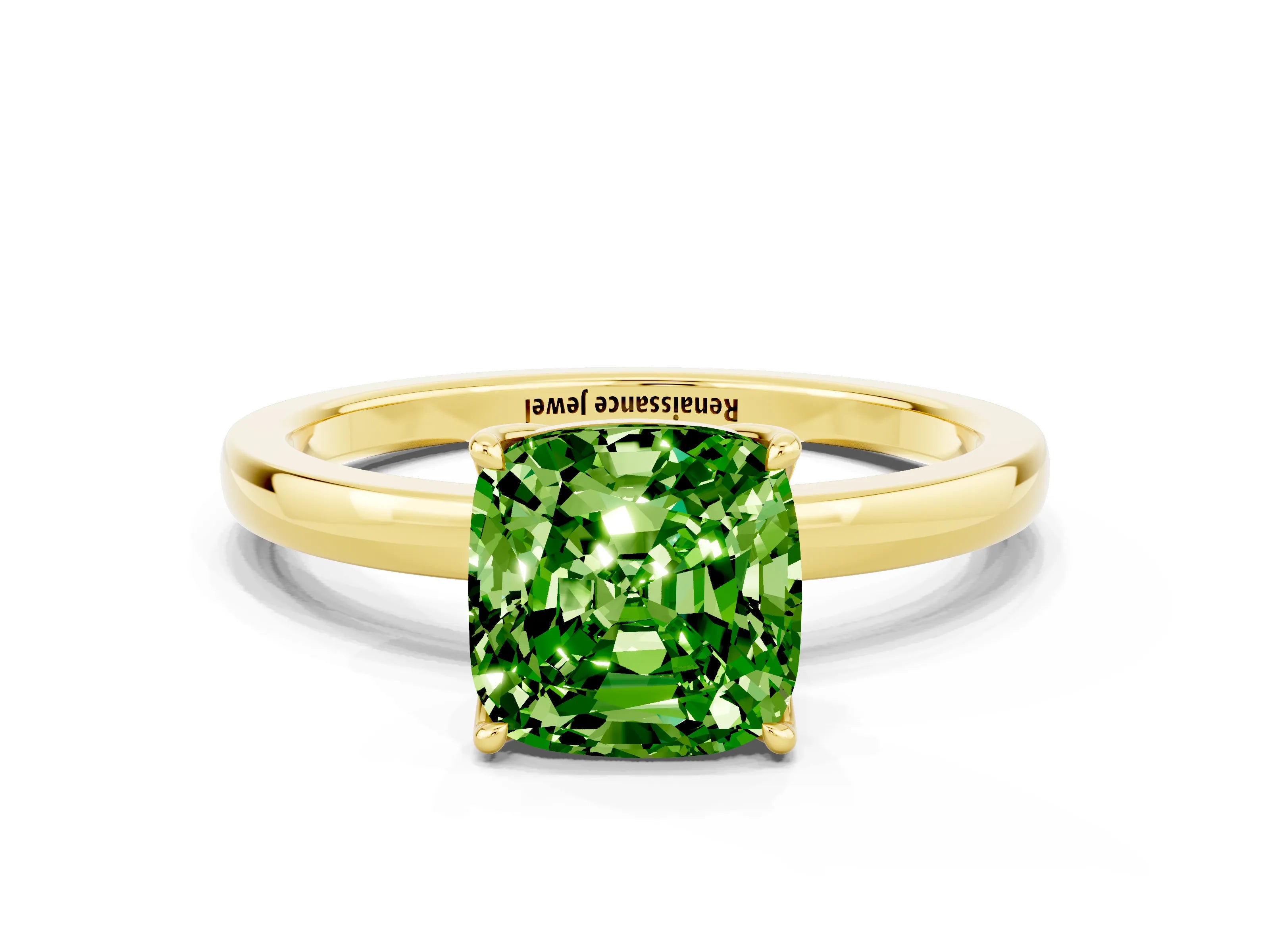 Yellow gold Cushion Cut Solitaire Diamond Ring with Thin Band and Four-Prong Setting