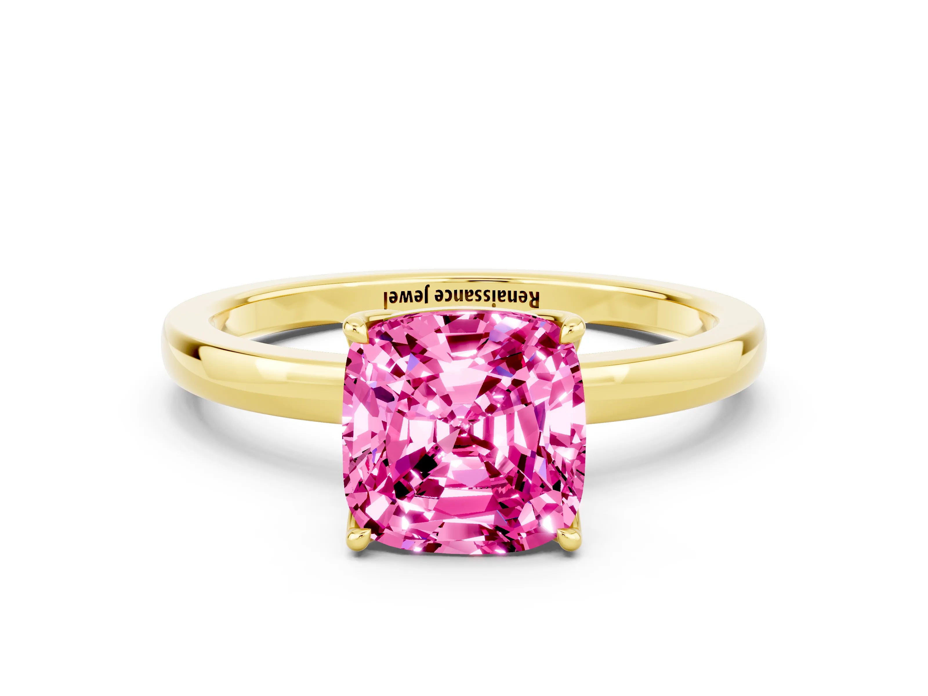 Yellow gold Cushion Cut Solitaire Diamond Ring with Thin Band and Four-Prong Setting