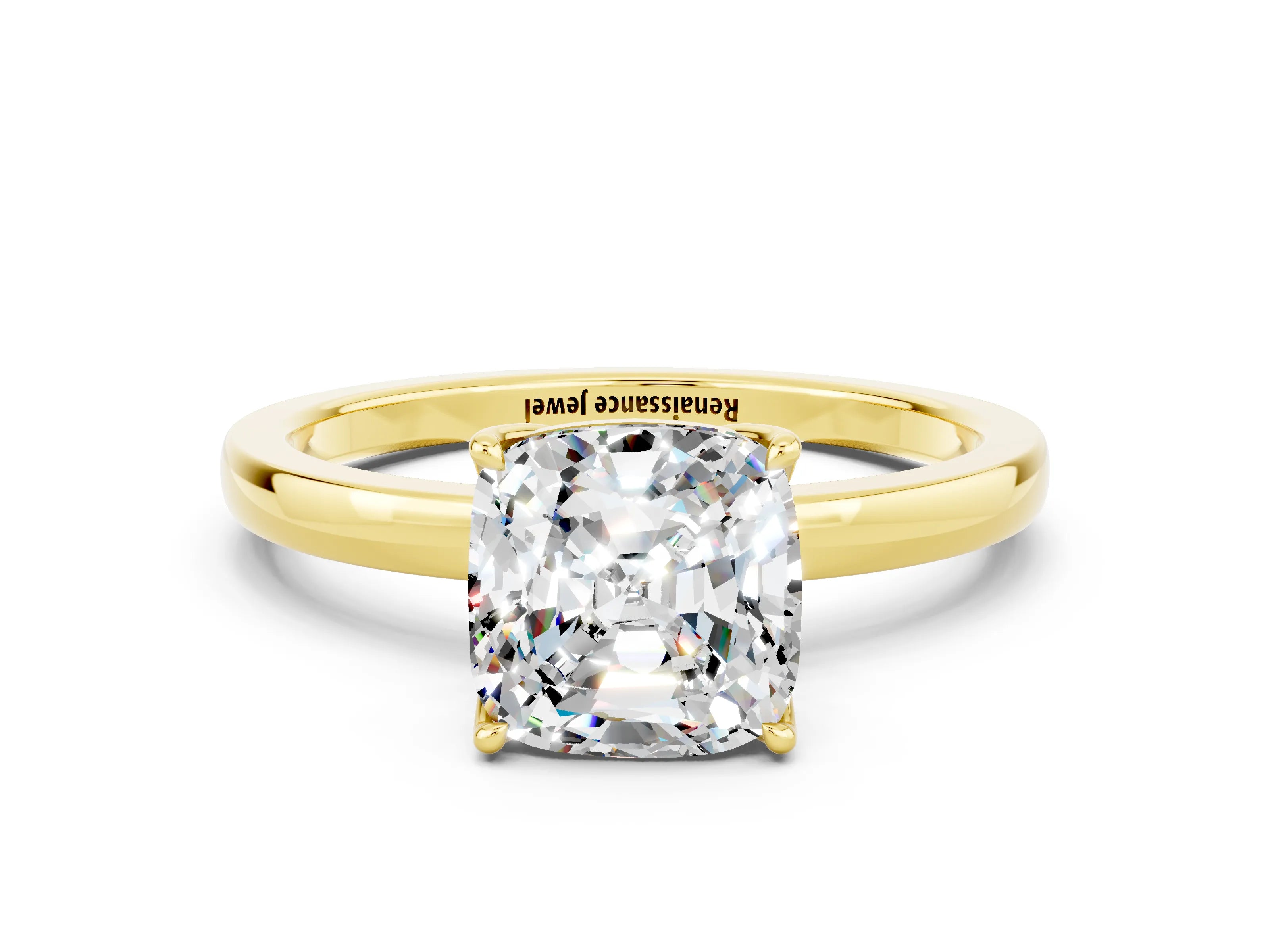 Yellow gold Cushion Cut Solitaire Diamond Ring with Thin Band and Four-Prong Setting