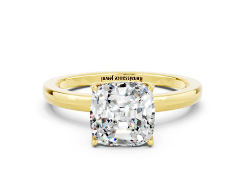 Yellow gold Cushion Cut Solitaire Diamond Ring with Thin Band and Four-Prong Setting
