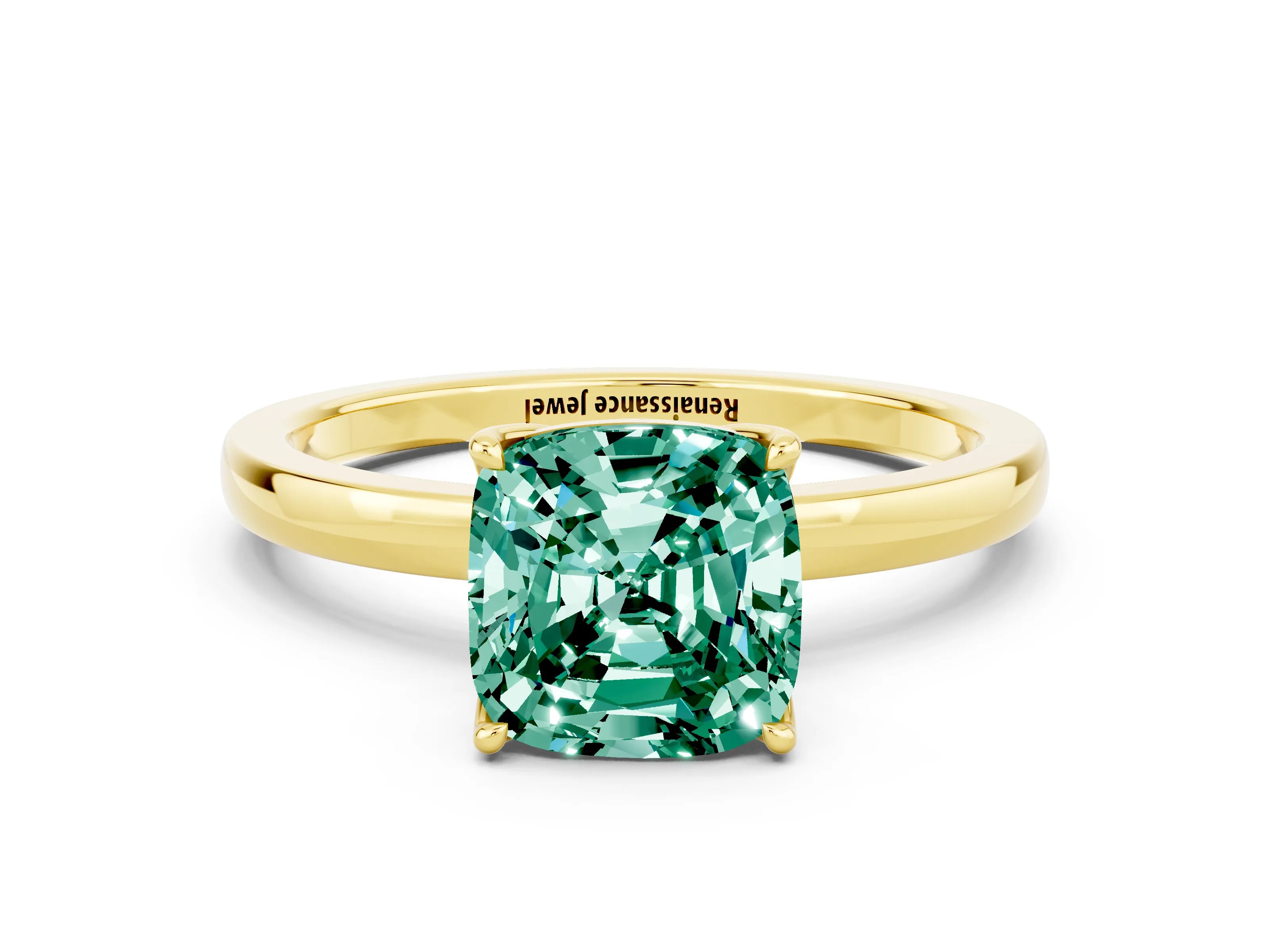 Yellow gold Cushion Cut Solitaire Diamond Ring with Thin Band and Four-Prong Setting