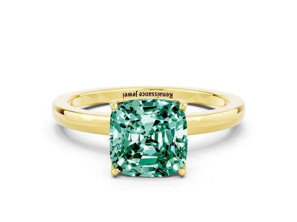 Yellow gold Cushion Cut Solitaire Diamond Ring with Thin Band and Four-Prong Setting