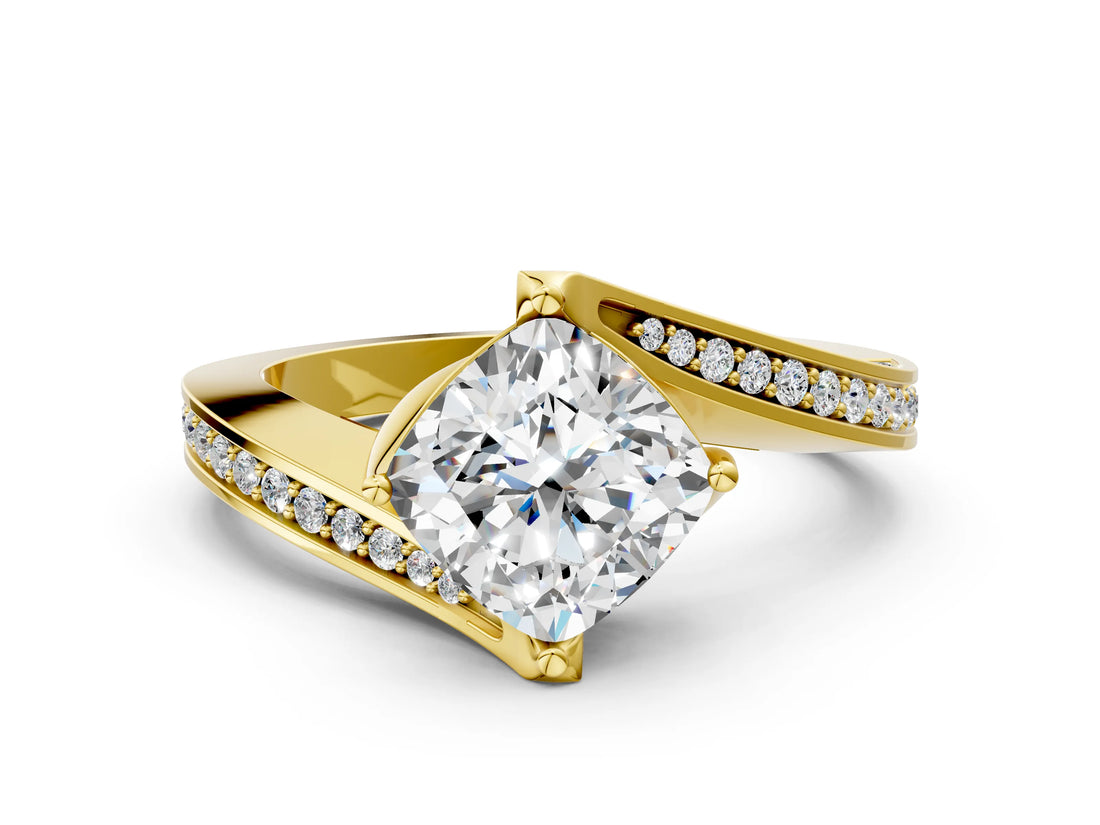 Yellow gold Cushion Cut Solitaire Diamond Twist Band with Pavé Setting and Four-Prong Setting_7