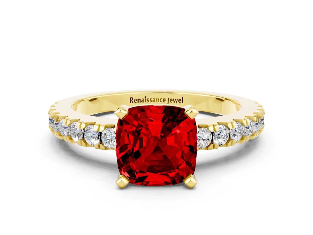 Yellow gold Cushion Cut Solitaire Diamond with Pavé Band and Four-Prong Setting
