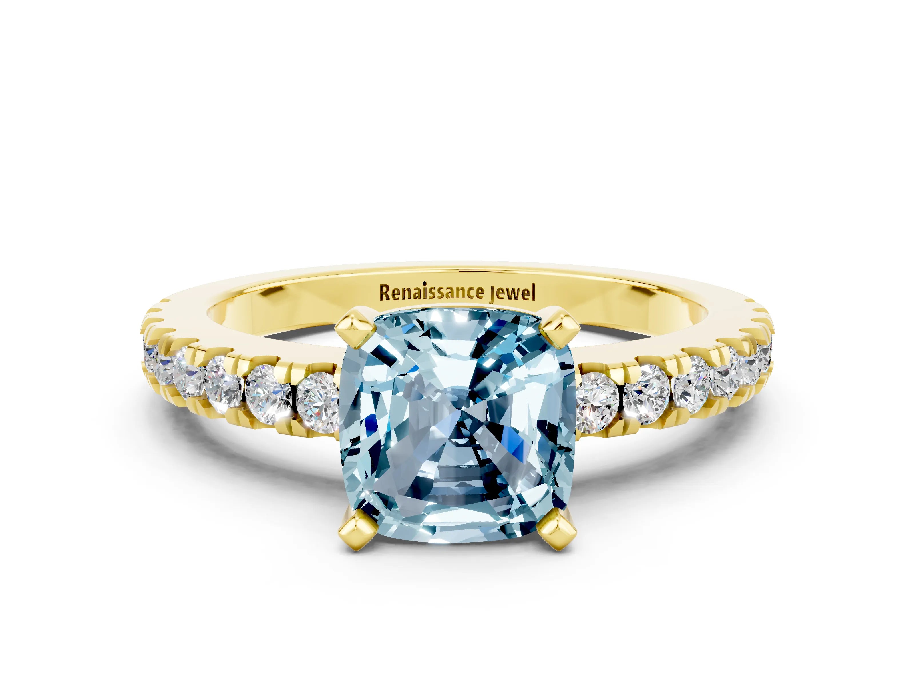 Yellow gold Cushion Cut Solitaire Diamond with Pavé Band and Four-Prong Setting