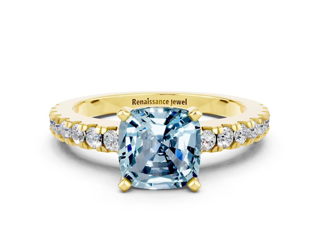 Yellow gold Cushion Cut Solitaire Diamond with Pavé Band and Four-Prong Setting