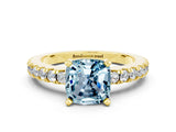 Yellow gold Cushion Cut Solitaire Diamond with Pavé Band and Four-Prong Setting