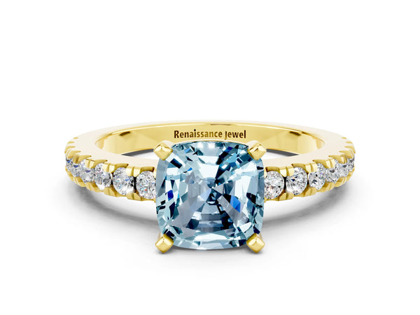 Yellow gold Cushion Cut Solitaire Aquamarine with Pavé Band and Four-Prong Setting
