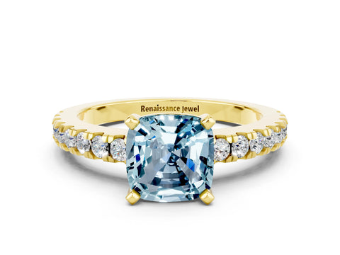 Yellow gold Cushion Cut Solitaire Diamond with Pavé Band and Four-Prong Setting