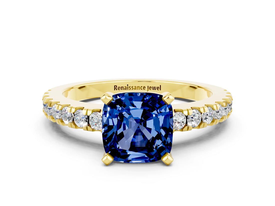 Yellow gold Cushion Cut Solitaire Diamond with Pavé Band and Four-Prong Setting