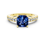 Yellow gold Cushion Cut Solitaire Diamond with Pavé Band and Four-Prong Setting