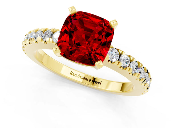 Yellow gold Cushion Cut Solitaire Ruby with Pavé Band and Four-Prong Setting