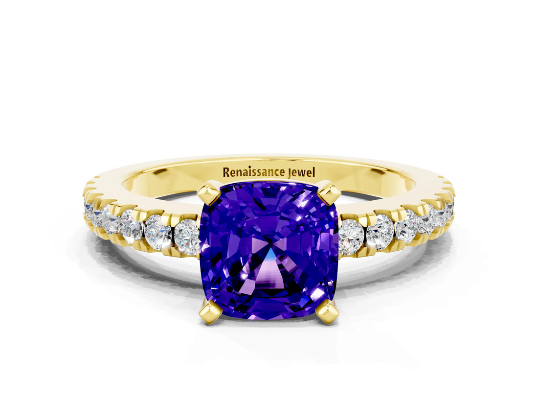Yellow gold Cushion Cut Solitaire Diamond with Pavé Band and Four-Prong Setting