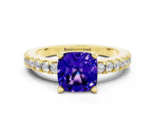 Yellow gold Cushion Cut Solitaire Tanzanite with Pavé Band and Four-Prong Setting