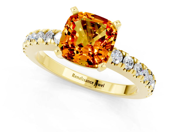Yellow gold Cushion Cut Solitaire Citrine with Pavé Band and Four-Prong Setting