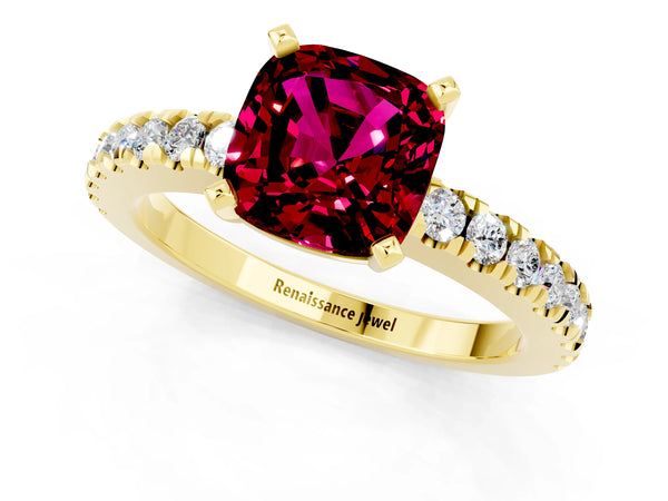 Yellow gold Cushion Cut Solitaire Garnet with Pavé Band and Four-Prong Setting