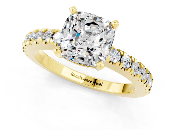 Yellow gold Cushion Cut Solitaire Moissanite with Pavé Band and Four-Prong Setting