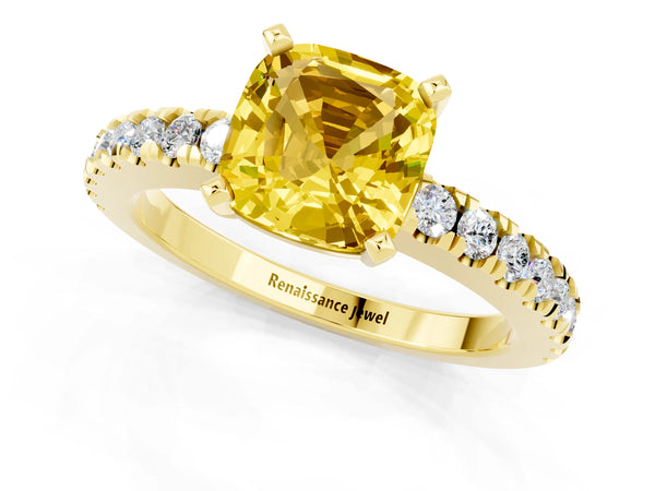 Yellow gold Cushion Cut Solitaire Yellow Sapphire with Pavé Band and Four-Prong Setting