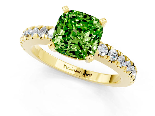 Yellow gold Cushion Cut Solitaire Peridot with Pavé Band and Four-Prong Setting
