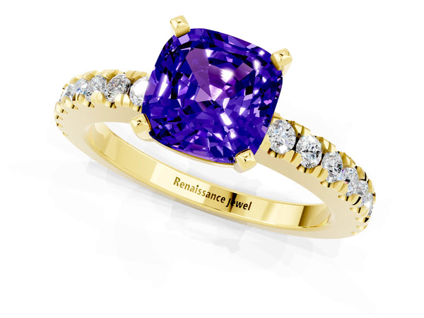 Yellow gold Cushion Cut Solitaire Tanzanite with Pavé Band and Four-Prong Setting