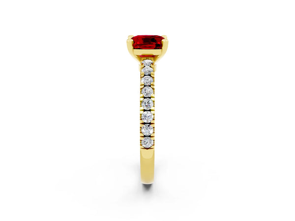Yellow gold Cushion Cut Solitaire Ruby with Pavé Band and Four-Prong Setting