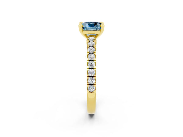 Yellow gold Cushion Cut Solitaire Aquamarine with Pavé Band and Four-Prong Setting