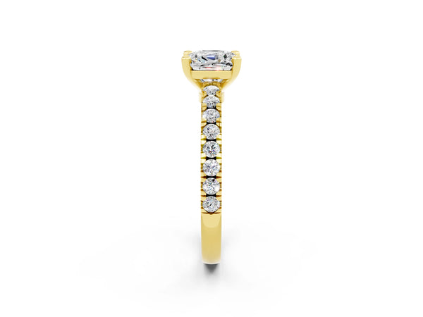Yellow gold Cushion Cut Solitaire Moissanite with Pavé Band and Four-Prong Setting