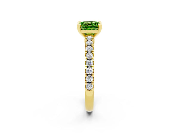 Yellow gold Cushion Cut Solitaire Peridot with Pavé Band and Four-Prong Setting