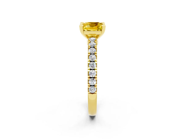 Yellow gold Cushion Cut Solitaire Yellow Sapphire with Pavé Band and Four-Prong Setting