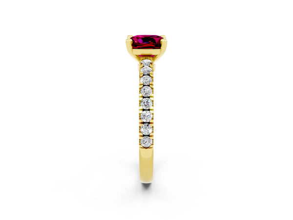 Yellow gold Cushion Cut Solitaire Garnet with Pavé Band and Four-Prong Setting