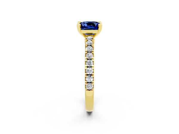 Yellow gold Cushion Cut Solitaire Blue Sapphire with Pavé Band and Four-Prong Setting