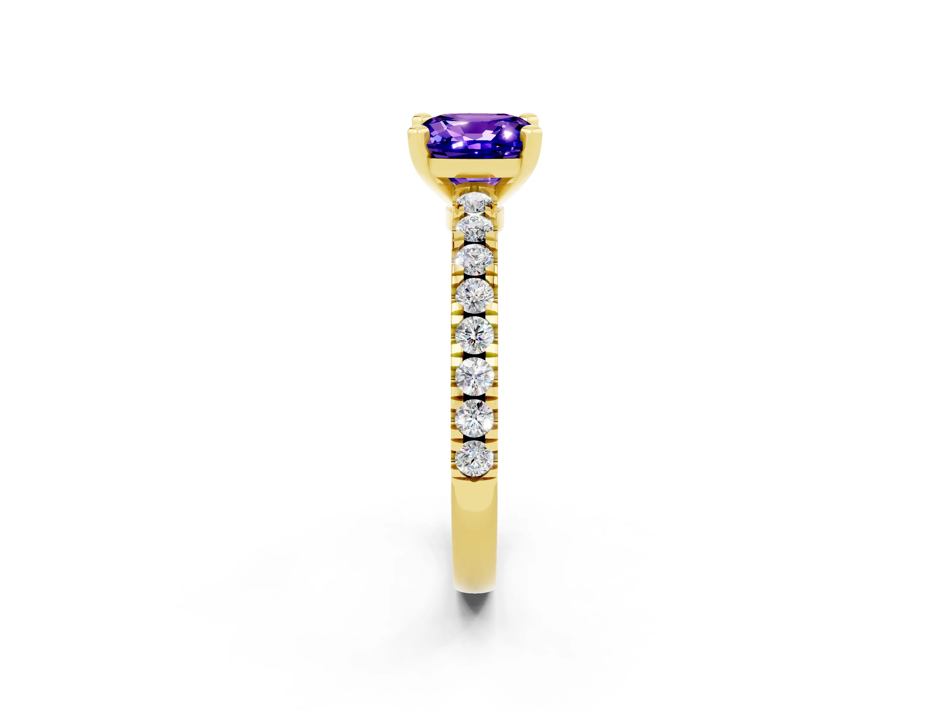 Yellow gold Cushion Cut Solitaire Diamond with Pavé Band and Four-Prong Setting_2