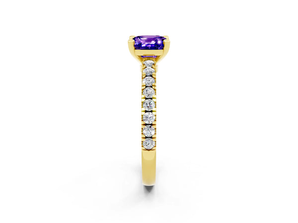 Yellow gold Cushion Cut Solitaire Tanzanite with Pavé Band and Four-Prong Setting