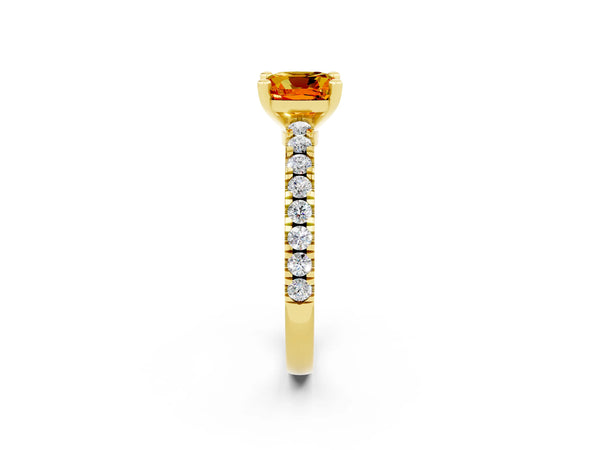 Yellow gold Cushion Cut Solitaire Citrine with Pavé Band and Four-Prong Setting