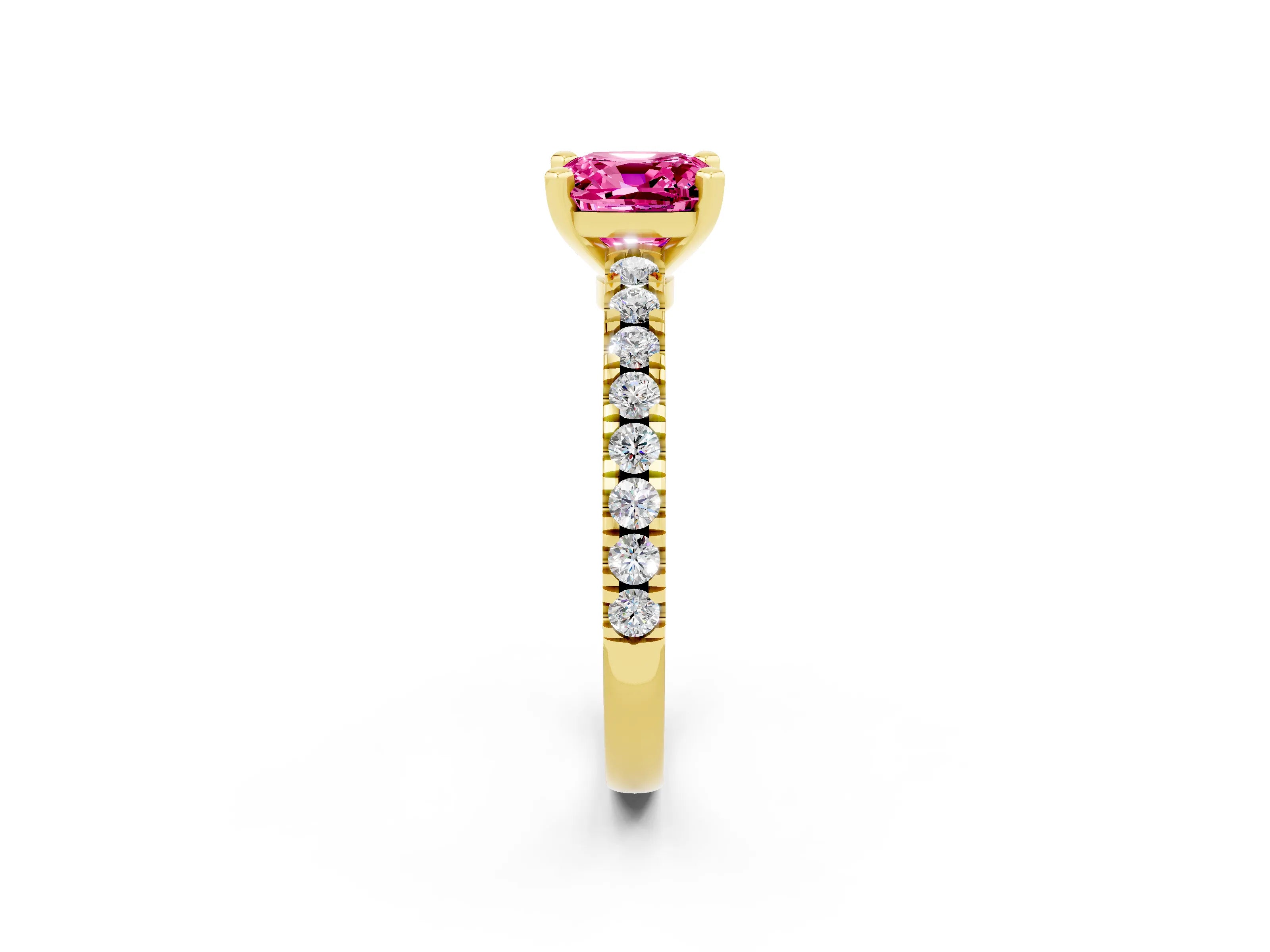 Yellow gold Cushion Cut Solitaire Diamond with Pavé Band and Four-Prong Setting_2