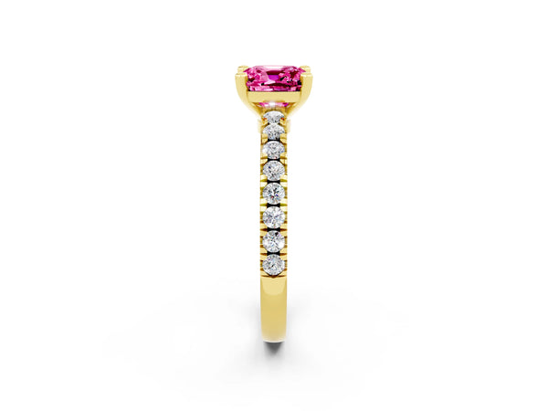 Yellow gold Cushion Cut Solitaire Pink Sapphire with Pavé Band and Four-Prong Setting