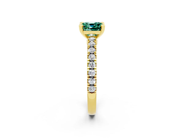 Yellow gold Cushion Cut Solitaire Green Sapphire with Pavé Band and Four-Prong Setting